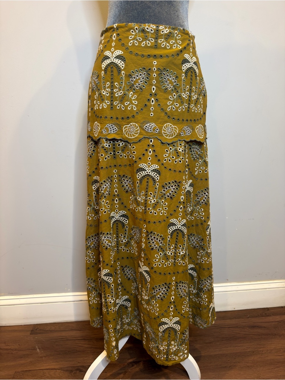 Zara Mustard Olive Embroidered Tiered Maxi Skirt
